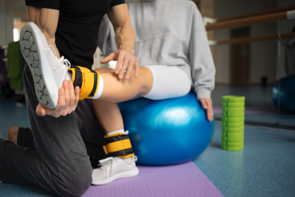a woman exercising on a medicine ball in physical therapy 