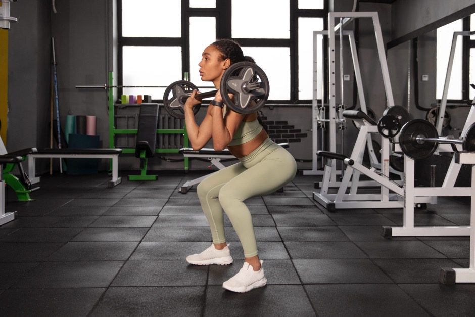 a young woman in a gym doing a squat with a barbell at her shoulders