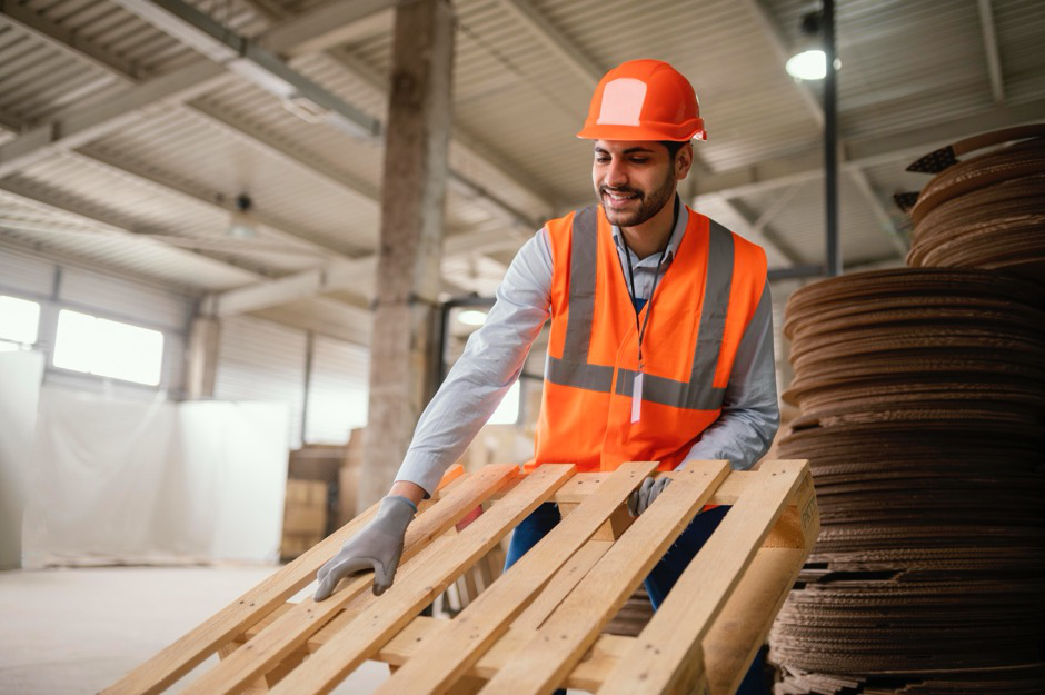 a man in a hardhat lifting a wooden pallet