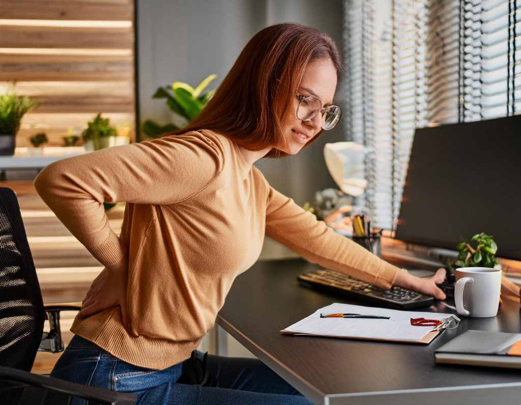 A woman sitting at a desk holding her back, indicating axial back pain.