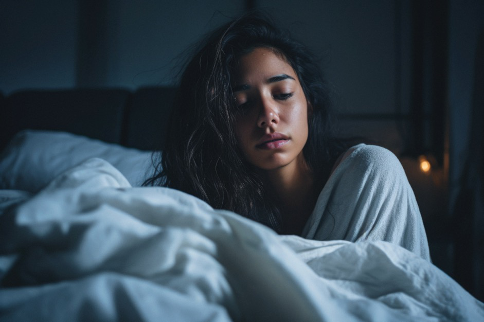 A woman sits up in bed as though she can’t sleep.