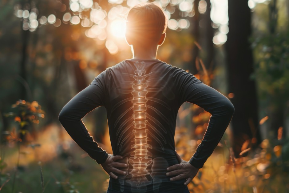 A person experiencing back pain facing the sun with a graphic illustration of their spine showing on their back.