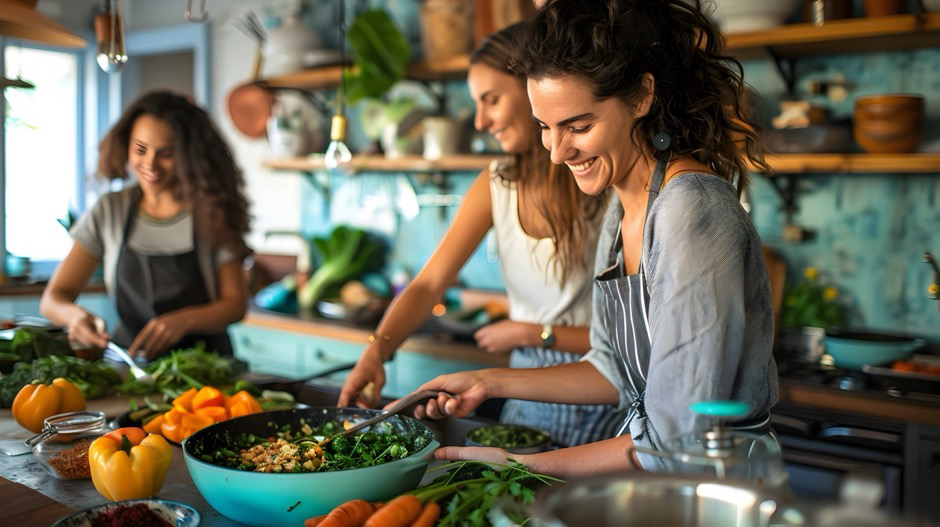 Three young women prepare a healthy salad in a kitchen.