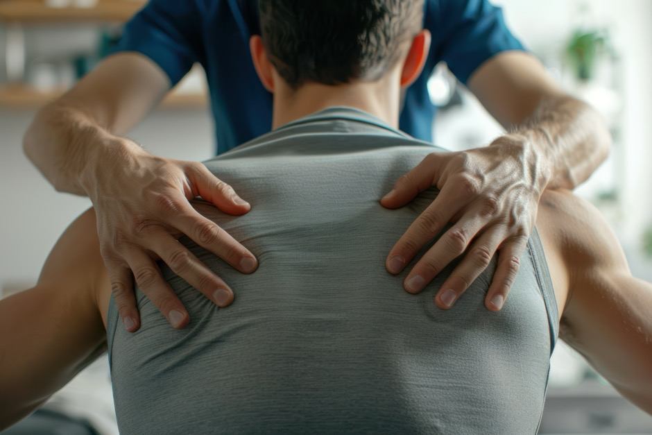 A physical therapist working on a patient's back during a therapy session.