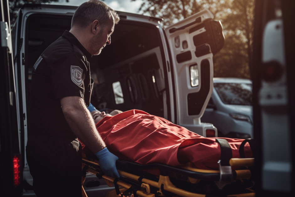  A paramedic adjusts a patient to move them into an ambulance.