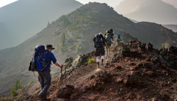 A group of friends hiking on a rugged trail, wearing sturdy hiking boots and using trekking poles.